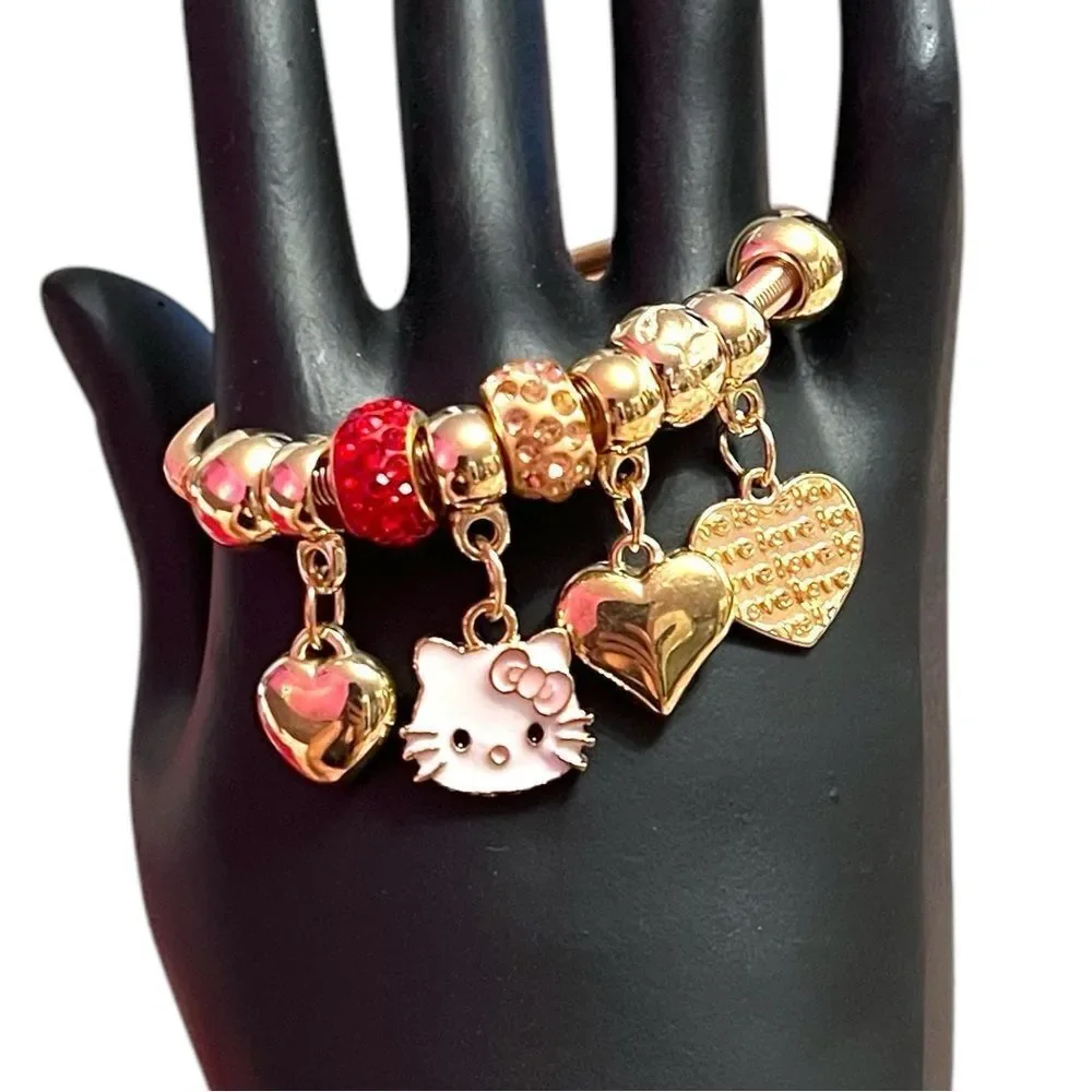 Hello Kitty Hearts Red And Champagne Rhinestone Gold Tone Kids’ Charm Bracelet